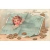 n°29673 - Carte Gaufrée - Heureuse Année - Tête d'enfant au travers d'un billet, pile de pièces d'or