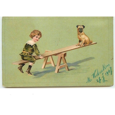 n°13648 - Carte Gaufrée - Garçon faisant de la balancelle avec un chien