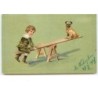 n°13648 - Carte Gaufrée - Garçon faisant de la balancelle avec un chien