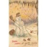 n°29675 - Carte Gaufrée - Bonne Année - Bonhomme de neige regardant des oiseaux mangés