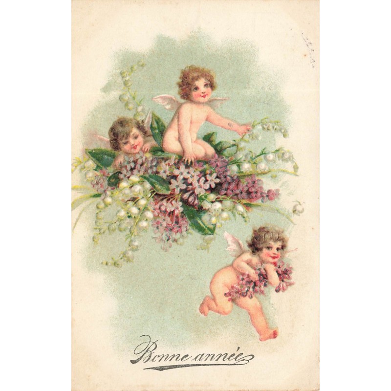 n°29676 - Carte Gaufrée - Bonne Année - Anges  apportant du muguet et du lilas