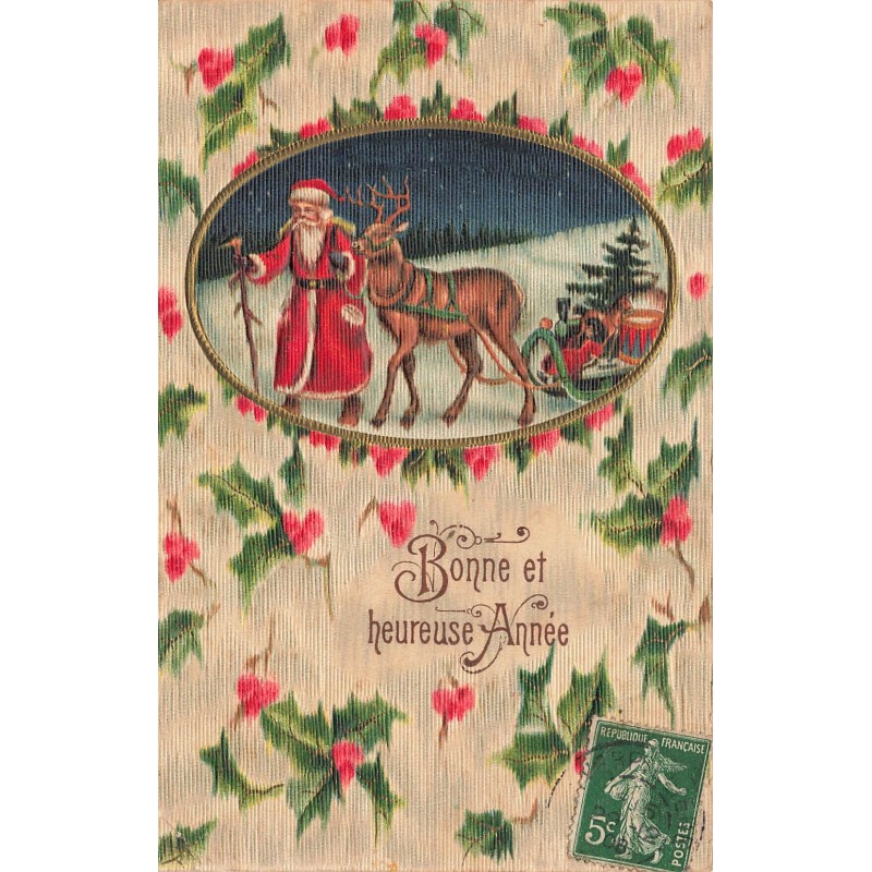 n°29677 - Carte Gaufrée - Bonne et Heureuse Année - Père Noël marchant près de son traîneau