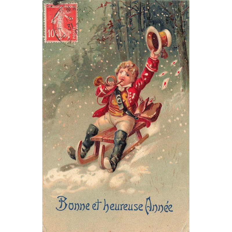 n°29678 - Carte Gaufrée - Bonne et Heureuse Année - Garçon jouant de la trompette sur une luge