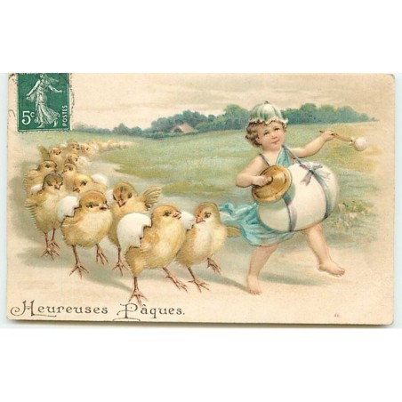 n°10372 - Carte Fantaisie Gaufrée - Heureuse Pâques - Enfant et poussins