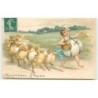 n°10372 - Carte Fantaisie Gaufrée - Heureuse Pâques - Enfant et poussins
