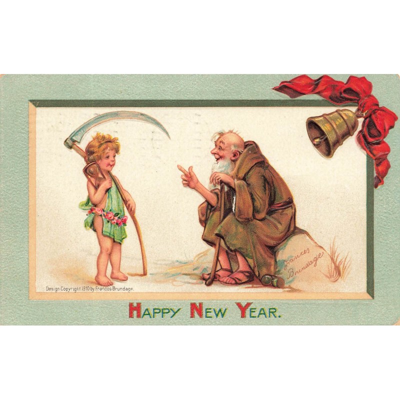 n°29680 - Carte Gaufrée - Frances Brundage - Happy New Year - Vieil homme parlant à un ange tenant une faux