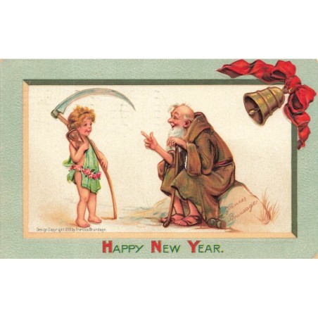 n°29680 - Carte Gaufrée - Frances Brundage - Happy New Year - Vieil homme parlant à un ange tenant une faux