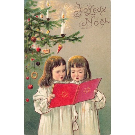 n°29684 - Carte Gaufrée - Joyeux Noël - Fillettes chantant près d'un sapin