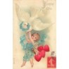 n°29689 - Carte Gaufrée - MSIB 13616 - Bonne Fête - Cupidon avec des coeurs, suspendu aux pattes d'une colombe