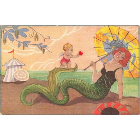 n°29693 - Fantaisie - Une sirène allongée sur le sable et se protégeant avec une ombrelle -Chiostri ?