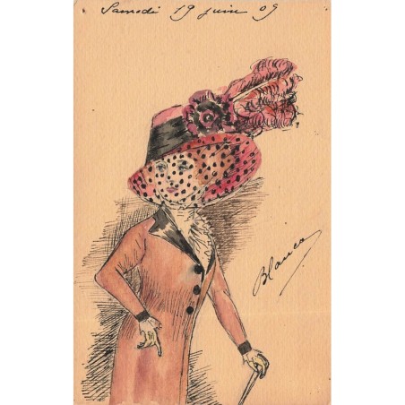 n°29707 - Carte Peinte à la Main - Femme portant un chapeau à voilette - Mode