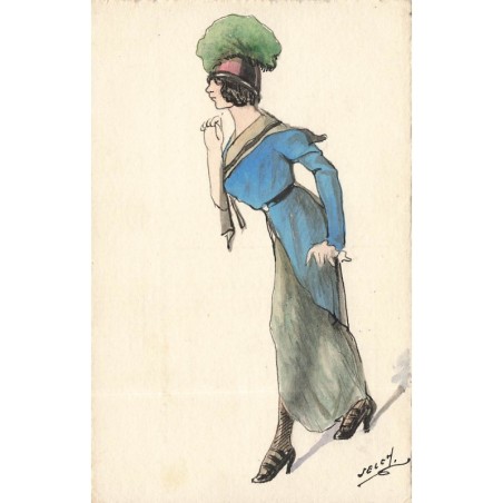 n°29711 - Illustrateur - Carte peinte à la Main - Jeune femme marchant - Mode