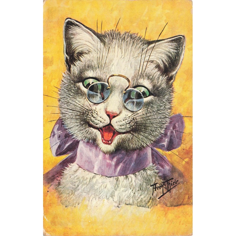 n°29716 - Illustrateur Arthur Thiele - Chat portant des lunettes, et un ruban mauve
