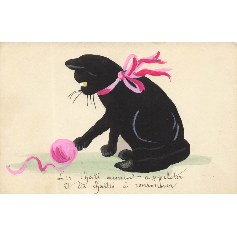 n°29719 - Cats - Les chats aiment à se peloter ...  - Chat noir jouant avec une pelote de laine