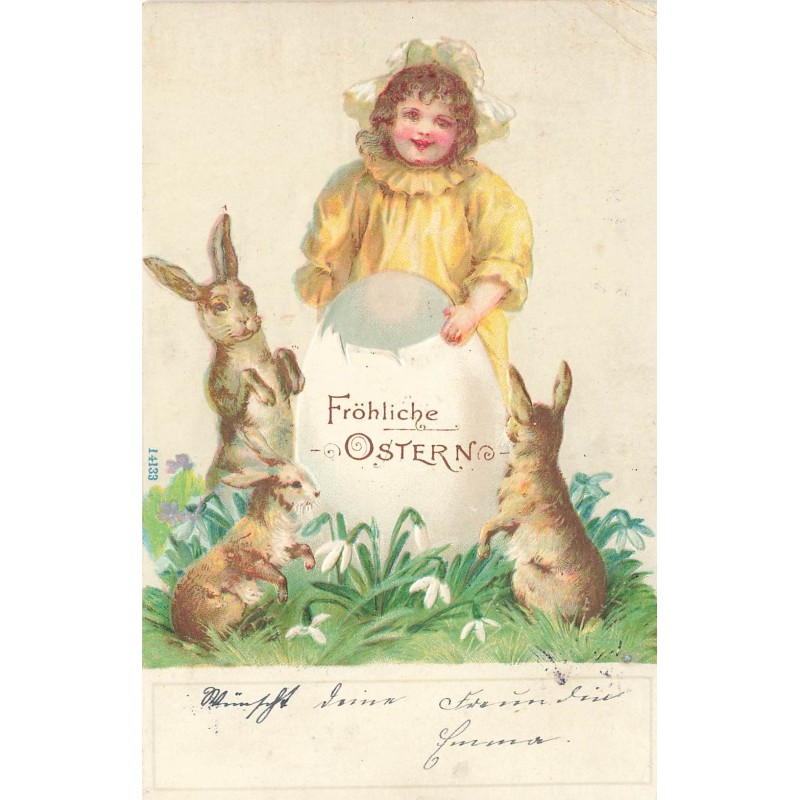 n°29726 - Carte Gaufrée - Pâques - Fröhliche Ostern - Fillette et lièvres autour d'un oeuf