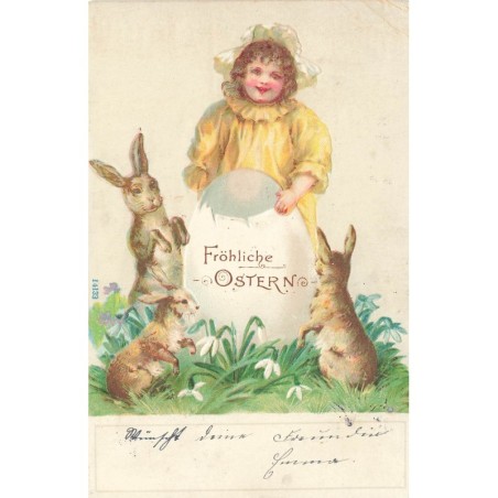 n°29726 - Carte Gaufrée - Pâques - Fröhliche Ostern - Fillette et lièvres autour d'un oeuf