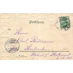 n°29727 - Carte Gaufrée - Prosit Neujahr - Ange gardien assis sur le dos d'un cochon avec des sacs de pièces