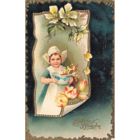 n°29731 - Carte Gaufrée - Clapsaddle - Fröhliche Pfingsten - Fillette tenant un saladier