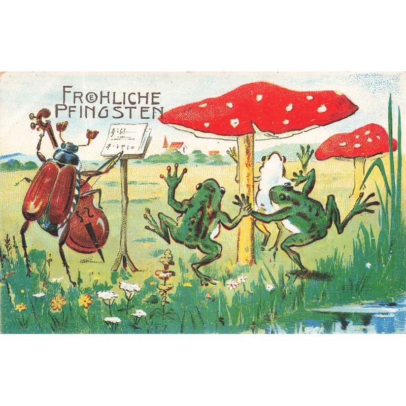 n°29732 - Carte Gaufrée - Fröhliche Pfingsten - Grenouilles dansant, hanneton jouant du violoncelle, champignon