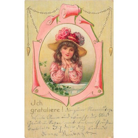 n°29734 - Carte Gaufrée - Ich gratuliere - Jeune fille mains jointes dans un médaillon