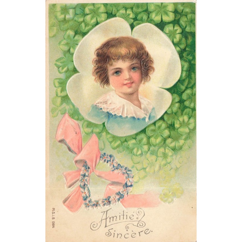 n°29736 - Carte Gaufrée - MSIB 13614 - Amitié Sincère - Portrait d'une fillette dans un trèfle