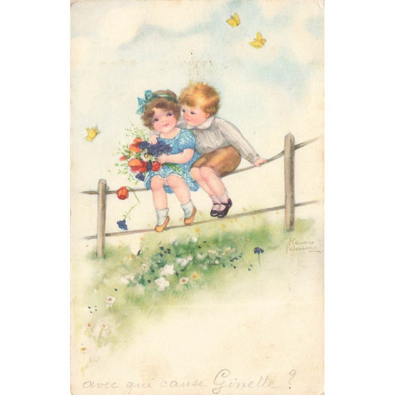 n°29747 - Fantaisie - HannesPetersen - Couple d'enfants assis sur une barrière