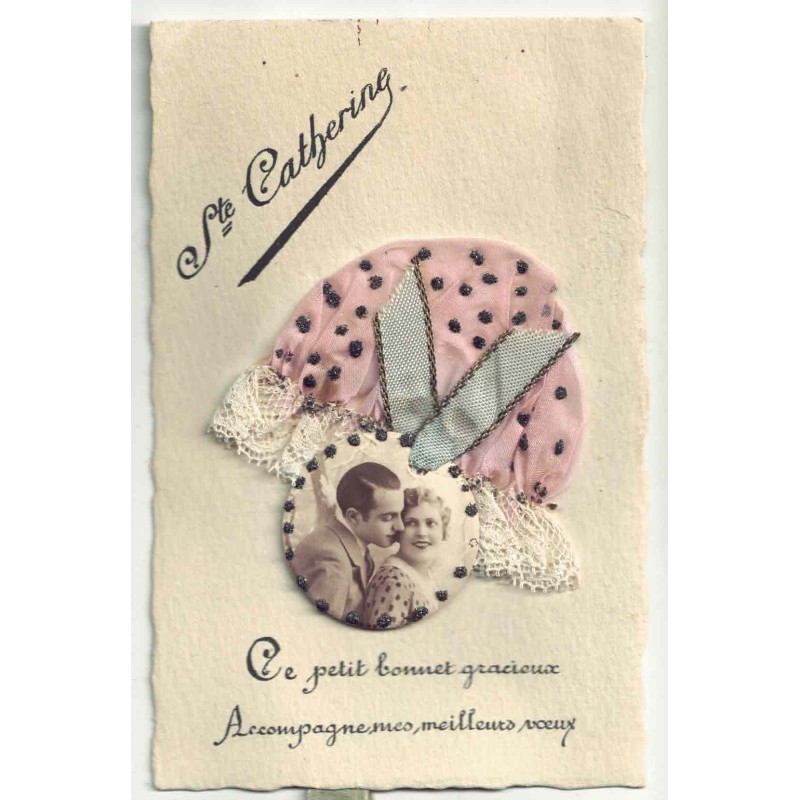 n°29754 - Bonnet Sainte-Catherine - Ce petit bonnet gracieux ... meilleurs voeux - Bonnet avec une photo de couple