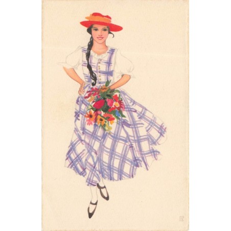 n°29756 - Meissner - Jeune femme portant une robe à carreau