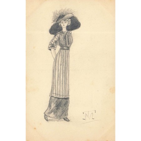 n°29758 - Carte Peinte à la main - Illustrateur T. M. - Jeune femme en robe et portant un chapeau à large bord