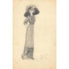 n°29758 - Carte Peinte à la main - Illustrateur T. M. - Jeune femme en robe et portant un chapeau à large bord