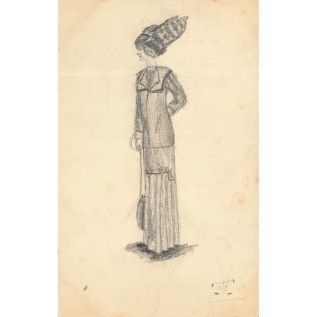 n°29759 - Carte Peinte à la main - Illustrateur T. M. - Jeune femme en robe et portant un chapeau orné de plumes