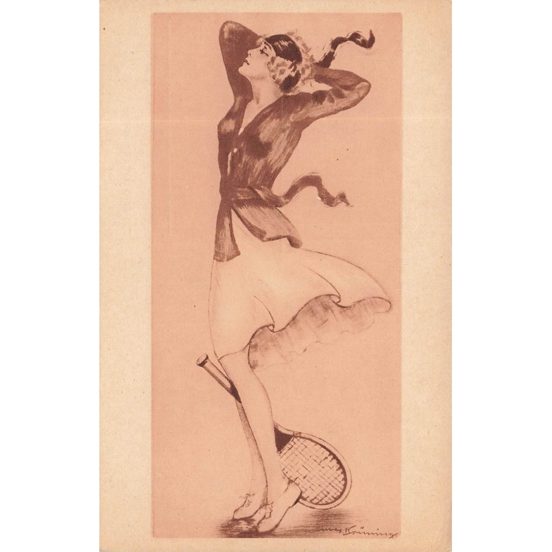 n°29760 - Illustrateur Max Bruening - Jeune femme avec une raquette de tennis se recoiffant
