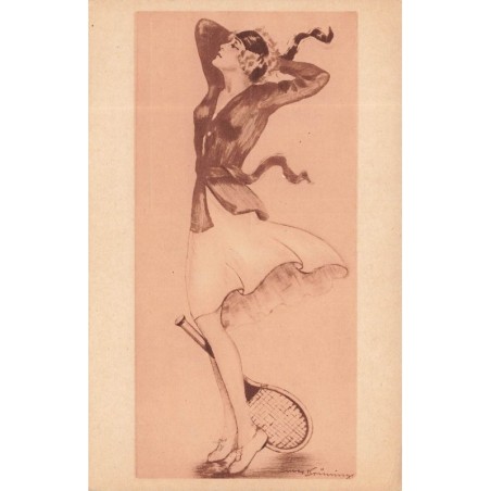 n°29760 - Illustrateur Max Bruening - Jeune femme avec une raquette de tennis se recoiffant