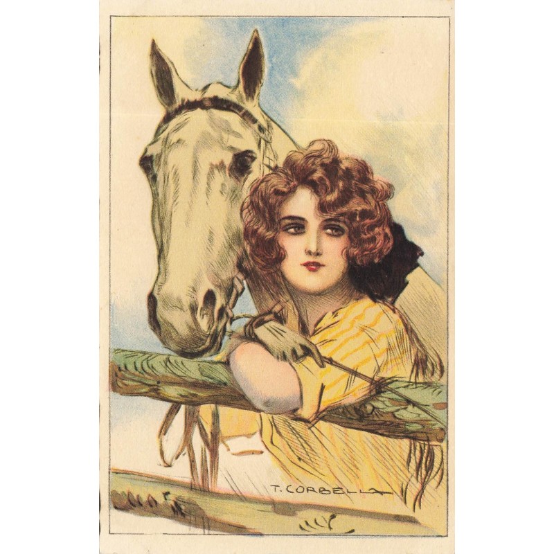n°29769 - Illustrateur T. Corbella - Jeune femme appuyée contre une barrière, tenant un cheval