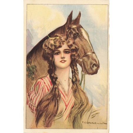 n°29771 - Illustrateur T. Corbella - Jeune femme avec des tresses, appuyée contre un cheval