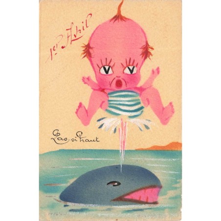 n°29774 - 1er Avril - Carte Peinte à la Main - Bébé au-dessus d'un jet d'une baleine