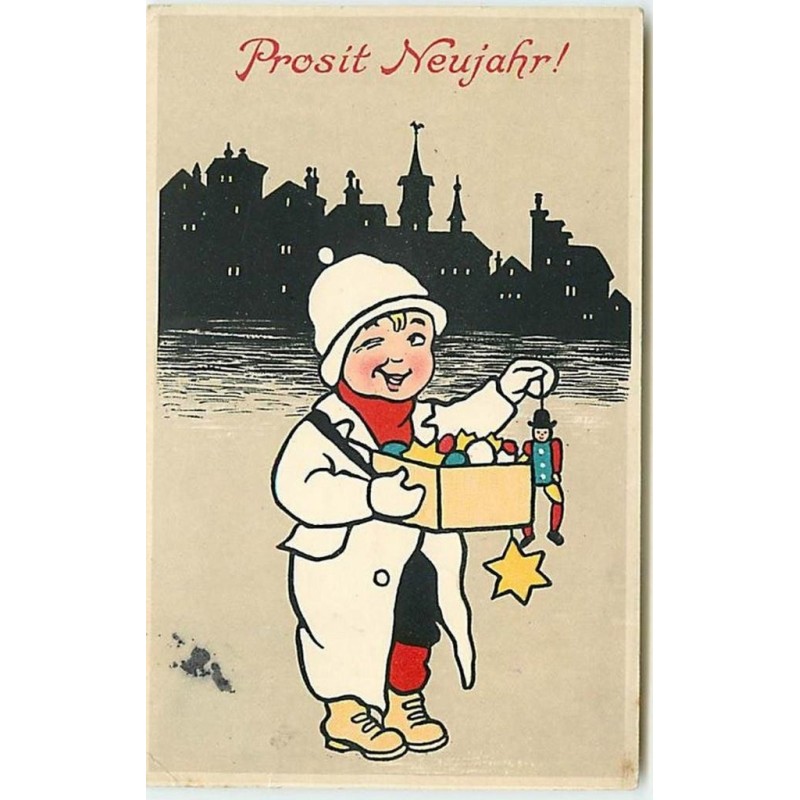 n°13676 - Carte Fantaisie - Prosit Neujahr - Enfant avec une boite de Jouets