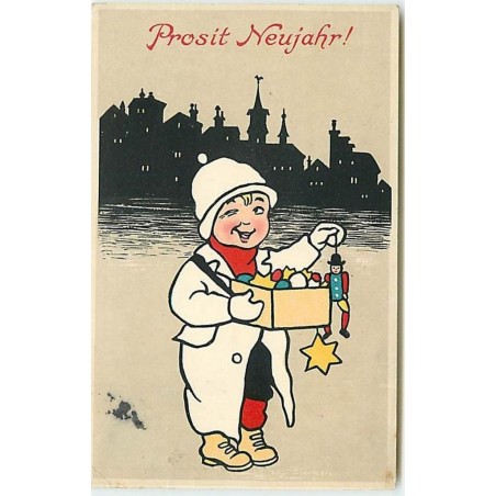 n°13676 - Carte Fantaisie - Prosit Neujahr - Enfant avec une boite de Jouets
