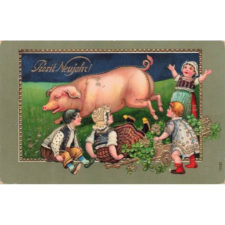 n°29777 - Carte Gaufrée - Prosit Neujahr - Enfants autour d'un cochon