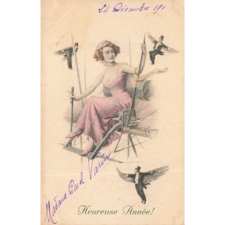 n°29778 - MM Vienne n°606 - Heureuse Année - Jeune femme assise entourée d'hommes volants - surréalisme