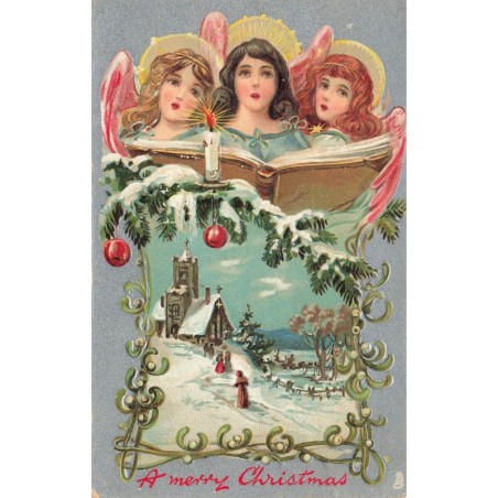 n°29789 - Carte Gaufrée - Noël - A Merry Christmas - Anges gardien chantant au-dessus d'une église