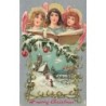 n°29789 - Carte Gaufrée - Noël - A Merry Christmas - Anges gardien chantant au-dessus d'une église