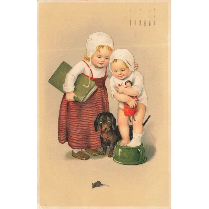 n°29799 - Flatscher - Chien - Deux fillettes et un teckel regardant une petite souris