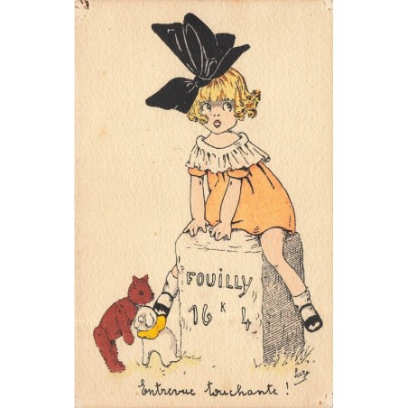 n°29800 - Entrevue touchante - Suze - Fillette assise sur une borne kilométrique avec un ours en peluche - Teddy bear