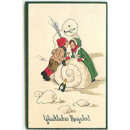 n°13680 - Carte Fantaisie Gaufrée - Glückliches neujahr - Enfants trinquant - Bonhomme de Neige