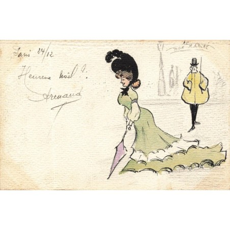 n°29812 - Carte peinte à la main - Homme devant Au Bon Marché regardant une femme élégante