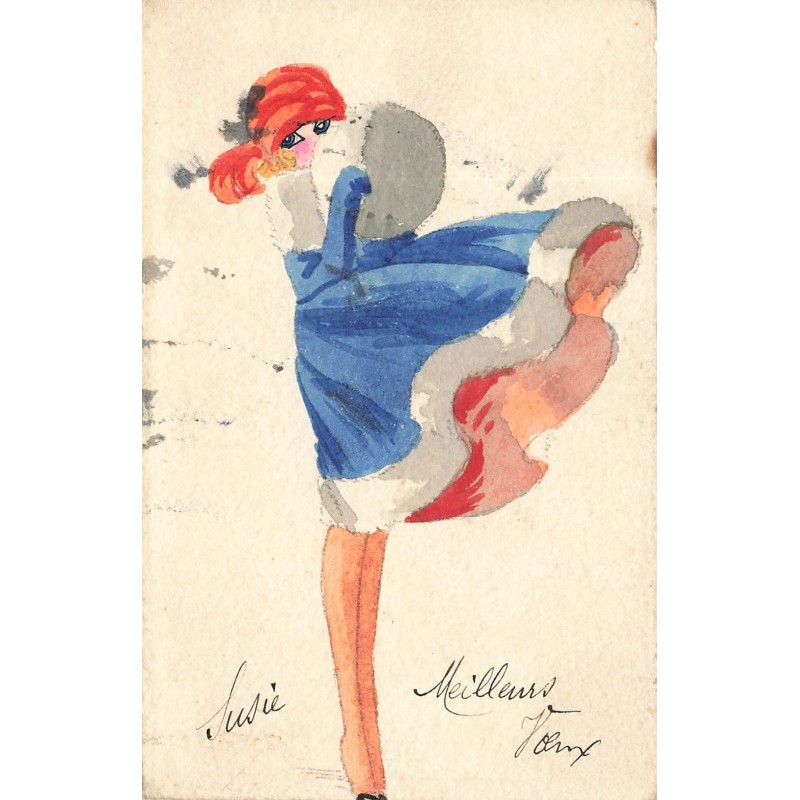 n°29813 - Carte peinte à la main - Susie - Jeune femme avec une robe patriotique s'envolant