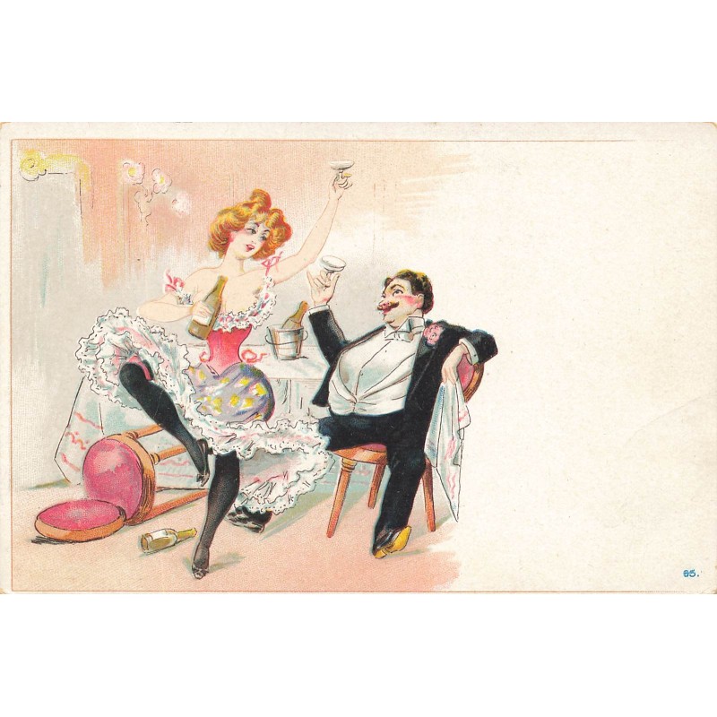 n°29814 - Illustrateur - Homme trinquant avec une jeune femme légèrement vêtue