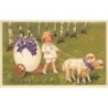 n°29818 - Pâques - Ein fröhes Osterfest - Enfant tenant des moutons tirant un oeuf rempli de fleurs