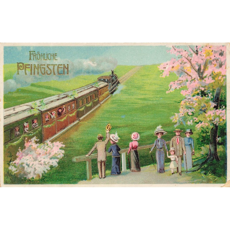 n°29820 - Pentecôte - Fröhliche Pfingsten - Hommes et femmes saluant un train